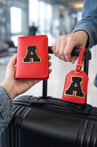Image of Passport Cover & Bag Tag Combo | Personalized Initial Alphabet Custom A-Z Name Initial | Fits Standard Passports | Travel GiftIdeal Travel Gift for Women, Girls & Couples (Red)