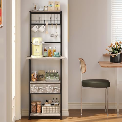 Tohomeor Estantería de cocina, pequeña esquina para café y panadería, estrecha, con 2 cajones de tela y 5 ganchos, ahorra espacio para cocina, pasillo o salón (gris, 50 x 34 x 140 cm)