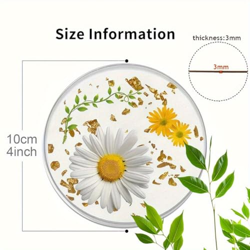 Image of 6pcs Daisy Design Wooden Coasters, 4inch Round Hand-Washable Coasters, Suitable Home Decoration, Easter, Valentine's Day, Mother's Day, Coffee Table