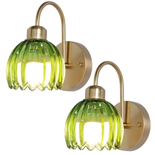 Image of Rechargeable Battery Operated Sconces Wall Decor Set of 2,Vintage Green Tulip Glass Lampshade Cordless Battery Powered Wall Lamp for Bedroom Living Room Kitchen