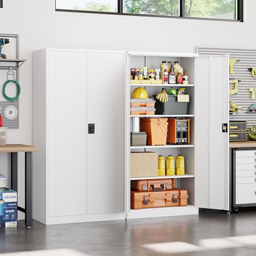 Image of Yizosh Metal Garage Storage Cabinet with Lock, 71 inch Locking Tool Cabinet with 2 Doors and 5 Shelves, Heavy Duty for Garage, Office, School (White)