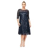 S.L. Fashions Women's Plus Size Lace and Sequin Fit and Flare Dress, Navy, 18W