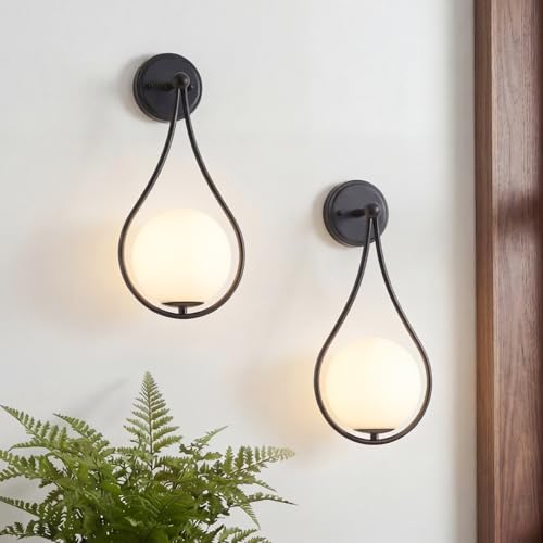 Image of Mid-Century Wall Sconces Set of 2 Black | Modern Globe Wall Lighting Indoor Hardwired Wall Lights for Hallway Office Porch Bedroom Living Room Stairway