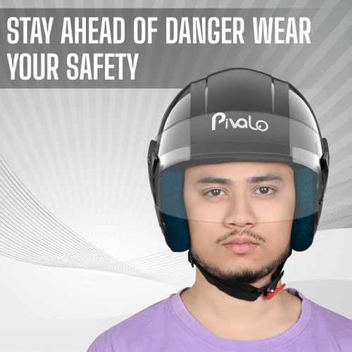Image of Pivalo EECO Open Face Helmet ISI Certified Smooth Finish Lightweight & Compact Unisex Half-Face Helmets with Clear Visor & Adjustable Strap for Bike Men Women (Glossy Black, 580mm)
