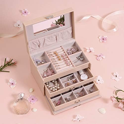 ANWBROAD 24 Section Jewelry Box Jewelry Organizer Box Display Storage Case Holder with Lock Mirror Girls Jewelry Box for Earrings Rings Necklaces Bracelets Earrings Gift Pink Faux Leather JJB002F