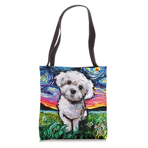 Bolso tote con diseño artístico de Maltipoo Starry Night, blanco, para amantes de los perros Maltese y Poodle miniatura 1
