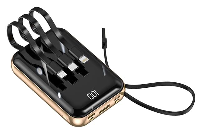 Power Bank 10000mAh SMART·J DX458 con Cavi Integrati USB-C, Lightning e Micro USB – Display LED Digitale, Ricarica Rapida 10W, Design Compatto in ABS e Metallo, per Smartphone,Phone, Auricolari, Smart