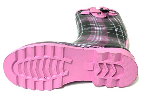 G4U Women's Rain Boots Multiple Styles Color Mid Calf Wellies Buckle Fashion Rubber Knee High Snow Shoes (8 B(M) US, Pink/Black Plaid)