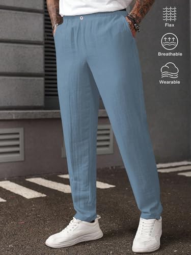 Image of TAGDO Men's Cotton Casual Premium Linen Blend Pants | Lightweight & Breathable Fabric | Elastic Waist with Button | Loose Fit | Perfect for Holidays & Travel (2055)