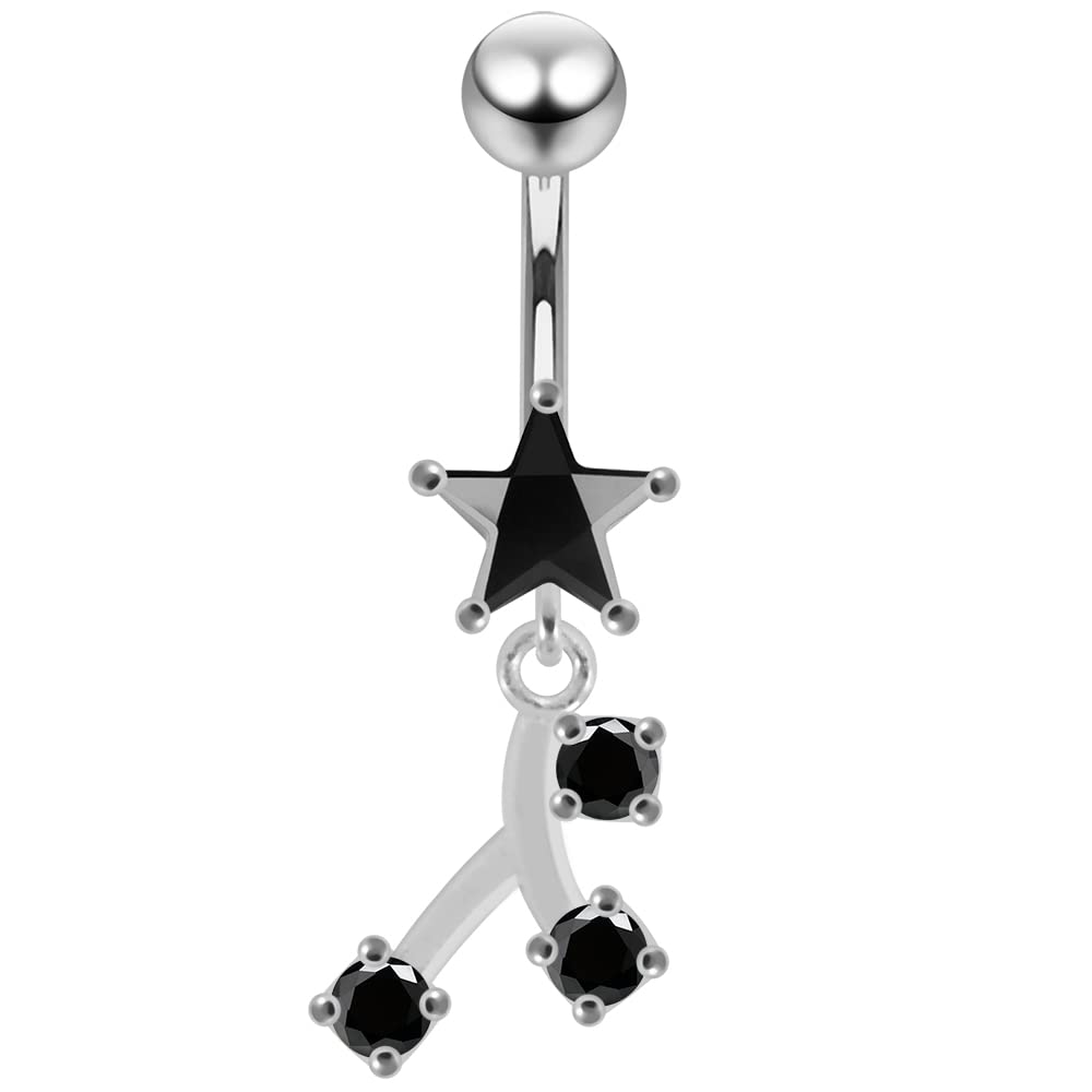 Silver Belly Rings Black CZ Gemstone Stylish Star with 3 Round Gems Branch Dangling 925 Sterling Body Jewelry