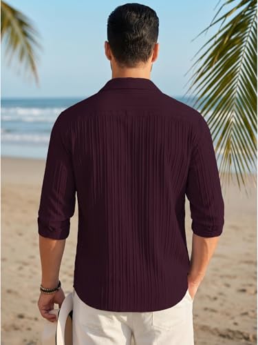 Image of DEELMO Men's Button Down Dress Shirts Textured Long Sleeve Casual Hawaiian Beach Shirt