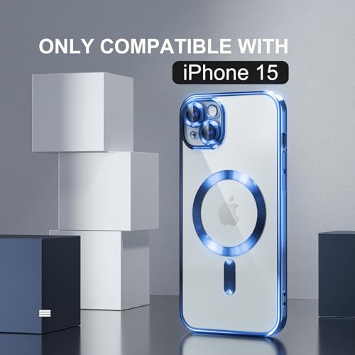 Image of Misea Magnetic for iPhone 15 Case Compatible with MagSafe | [Never Yellowing] [Military Drop Protection] Full Camera Lens Protector Plating Soft Clear Phone Case for Women, Deep Blue