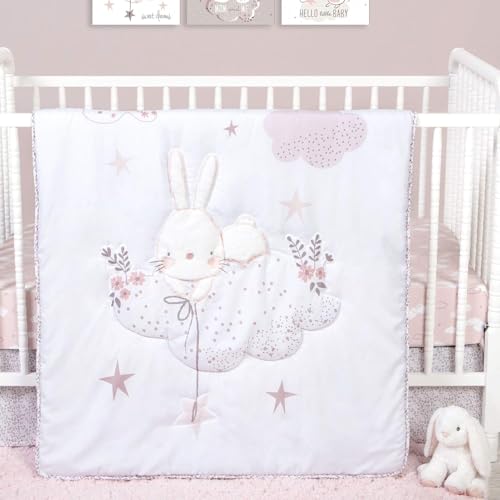 Image of Sammy & Lou Cottontail Cloud 4-Piece Baby Nursery Crib Bedding Set for Girls, Includes Quilt, Fitted Crib Sheet, Crib Skirt, and Plush Toy