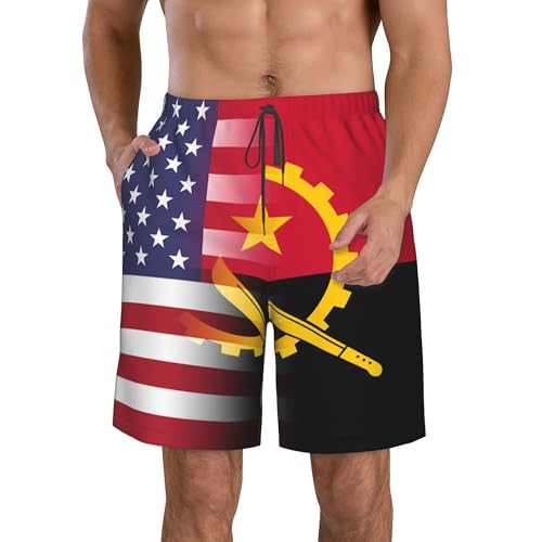 American Flag and Angolan Flag Mens Casual Beach Shorts Maritime Surf Swimming Trunks