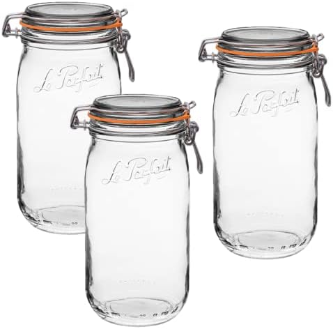 Le Parfait Super Jar - 1.5L French Glass Canning Jar w/Round Body, Airtight Rubber Seal & Glass Lid (48oz/Quart & Half, Pack of 3)
