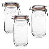 Le Parfait Super Jar - 1.5L French Glass Canning Jar w/Round Body, Airtight Rubber Seal & Glass Lid, 48oz/Quart & Half (Pack of 3) Stainless Wire