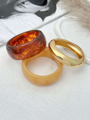 ALEXTINA 3Pcs Chunky Acrylic Bangles Gold Bracelets Set for Women, Resin Bangle Bracelets Wide Gold Statement Bracelets Stacking Fashion Jewelry Gift for Women3