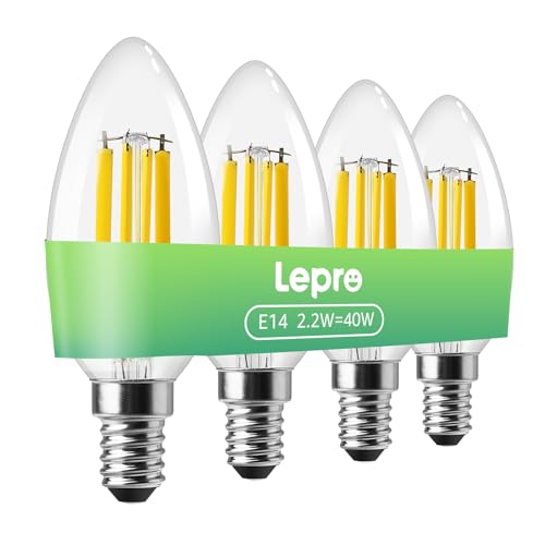 Lepro E14 Candle Bulb, A-Rated Ultra-efficient SES Bulb, 2.2W = 40W, 470lm, Warm White 2700K, 50000H Lifespan, Small Edison Screw, Clear Filament, Non-dimmable, Pack of 4