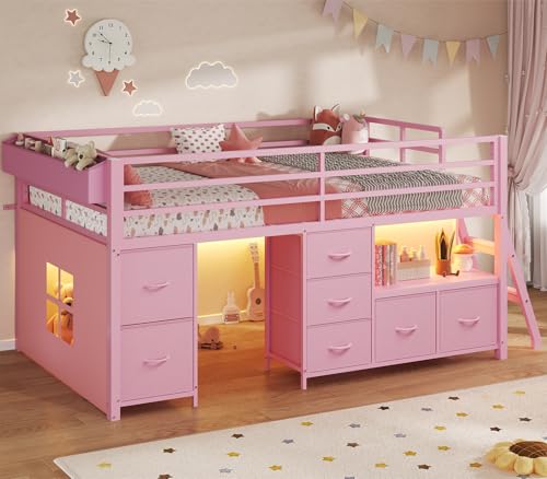 ADORNEVE Low Loft Bed Twin Size with 7 Storage Drawers, Bookcase and LED Lights, Metal Kids Loft Bed with 14' H Safety Guardrail,Inclined Ladder and Play Curtain, Under-Bed Play Space,Pink
