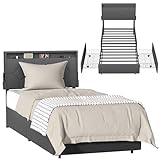 Suusolny Polsterbett aus Leinenstoff 90x200cm Bettgestell mit rollenden Schubladen & Gepolstertes Kopfteil Bettrahmen aus Metal Schubladenbett mit Stauraum unter dem Bett (Dunkelgrau)