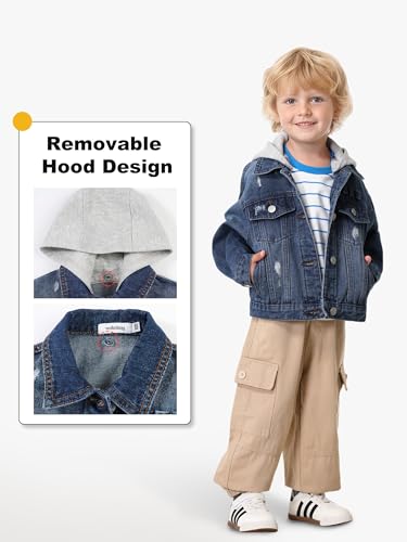 Image of Volunboy Toddler Hooded Denim Jackets Boys Spring Fall Ripped Jean Coat with Hood Long Sleeve Button Down Casual Outerwear