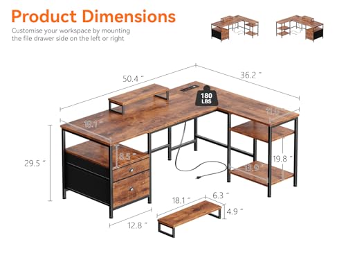 Image of Furologee L Shaped Computer Desk with Power Outlet, Reversible Home Office Desk for Work Study, 50 Inch Corner Gaming Table with File Drawer, Monitor Stand, Storage Shelves, Rustic Brown
