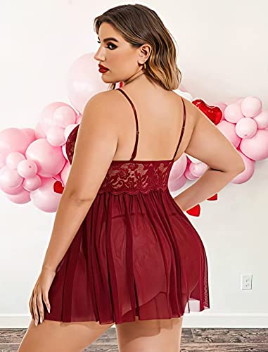 Image of Beautiful Creations Womens Plus Size Lace Floral Knee Length Babydoll Nightwear Set with G-String Panty