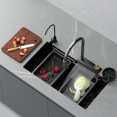 27.1'-30.7' Workstation Sink - Single Basin with Pull-out Faucet Chopping Board And Dishwashing Features - Black-Grey Kitchen Sink for Efficient Meal Prep