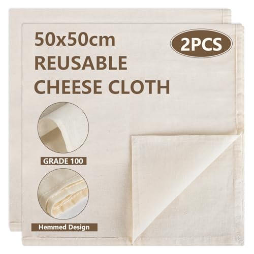 MOXYOY 2 Pcs Hemmed Cheese Cloths for Straining - Reusable 50 x 50 cm Pure Cotton Food Strainer, 100% Unbleached Ultra Fine Cloth for Baking & Cooking