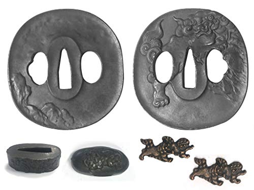 RYUJIN Brand 304 Stainless Steel Tsuba for Samurai Swords - TSUBA FUCHI KASHIRA MENUKI - Set (Stone Lion)