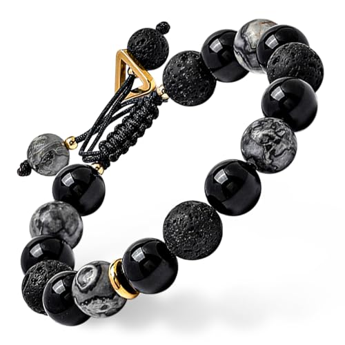 GUXI-Phantom Night Obsidian Mens Bracelet with Adjustable Rope Gemstone Beads Handmade Lava Rock Protection Bracelet Stainless Steel Bracelet Gifts for Men