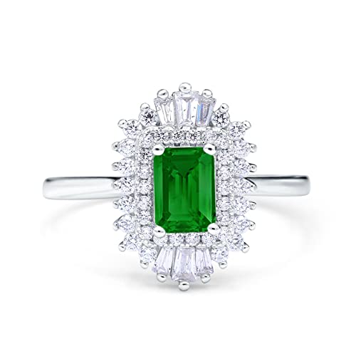 Blue Apple Co. Emerald Cut Vintage Art Deco Halo Wedding Bridal Engagement Ring Baguette Simulated Cubic Zirconia 925 Sterling Silver