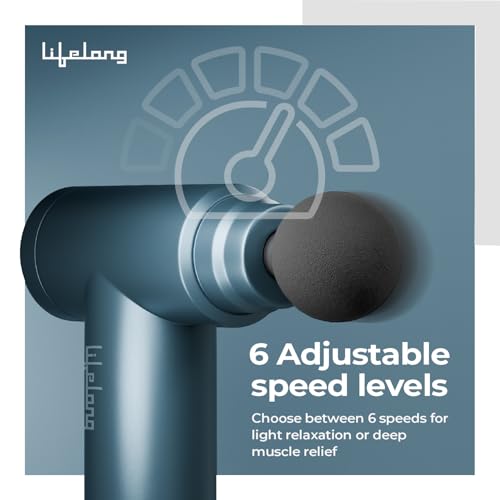 Image of Lifelong Gun Massager For Pain Relief - 8 Massage Heads, 6 Speed Modes, Rechargeable, Quiet 20W Motor, Lightweight & Portable Deep Tissue Massager For Back, Neck, Legs & Travel Use, Blue