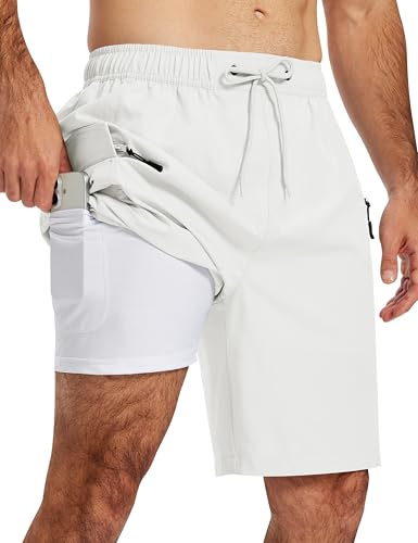 MoFiz Mens Swim Trunks 9 Quick Dry Mens Broad Beach Shorts Stretch Mens Swim Trunks with Compression Liner (White Medium)