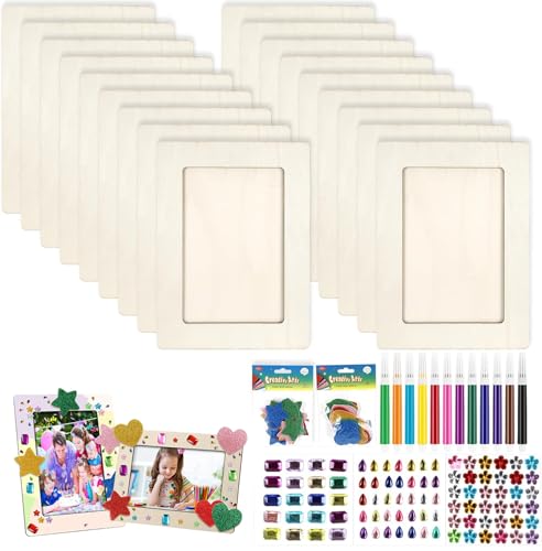 Neuytiky 10 Stück Bilderrahmen Holz Set, 20x15cm DIY Bilderrahmen Bastelset Bemalen Kinder mit 3 Sorten Glitzersteinen, 3D Schaumstoff Sternstickern für Kinder, Hochzeit, Bemale für Geburtstage