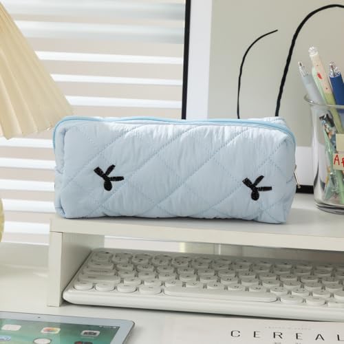 Image of Carry bloom Pencil Pouch Cute Pencil Case for Girls Aesthetic Pencil Bag with Zipper Pen Cases School Supplies Makeup Bag (Bow blue)