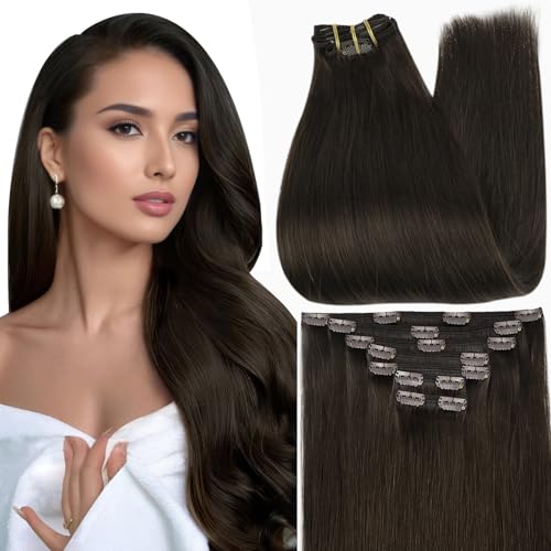 Image of Full Shine Brown Human Hair Clip in Extensions, Dark Brown | Clip in Hair Extensions Real Human Hair, Brunette Hair Extensions for Women, Straight, Smooth Blend, 14 Inch 7 Pcs 120g