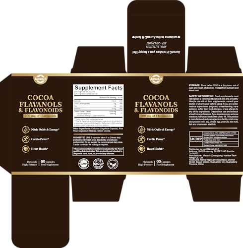 Cocoa Cardio Health Supplement, 500mg Cocoa Flavanols, Support Heart Health, Boost Nitric Oxide, Blood Circulation, Energy, Vegan, Dark Chocolate, 60 Capsules, 30 Day Supply