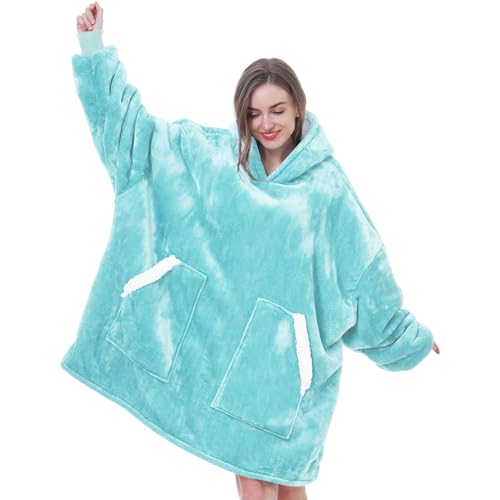 Kipswiza Oversized Wearable Blanket Hoodie Gifts for Mom Women Men, Super Soft Sherpa Fleece Hooded Blankets Sweatshirt for Adult Teens - Aqua