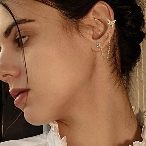 THUNARAZ 4 Pairs Trendy Chain Earrings for Women 14K Gold Plated Double Piercing Butterfly Dangle Hoop Earrings Sparkled CZ Chain Hoop Cartilage Studs Earrings Set3