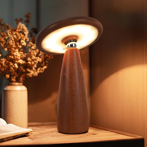 充電式 調光コードレスLEDライト 木目調マッシュルームランプ タッチ式 角度調整 360°首振り 目に優しい スタンドライト ベッドサイド 寝室 リビング オフィス 夜灯 プレゼント 安全素材
