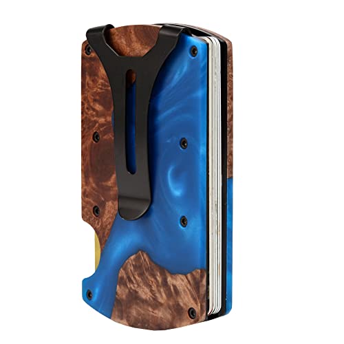 Image of Minimalist Wallet for Men, Slim Metal RFID Blocking Wallet Credit Card Holder Money Clip & Cash Strap, Scratch-Resistant Holds 15 Cards,Ideal Gift for Men | Resin Wood, Unique Pattern ,Dark Blue