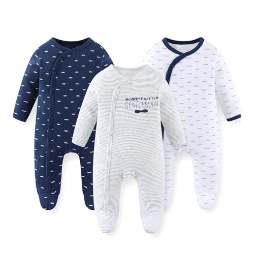 Image of JELYLOVE Unisex Baby Boy Girl Footies Rompers Cotton Long Sleeve 3 Pack Infant Jumpsuits 0-12Months Babies' Outfits
