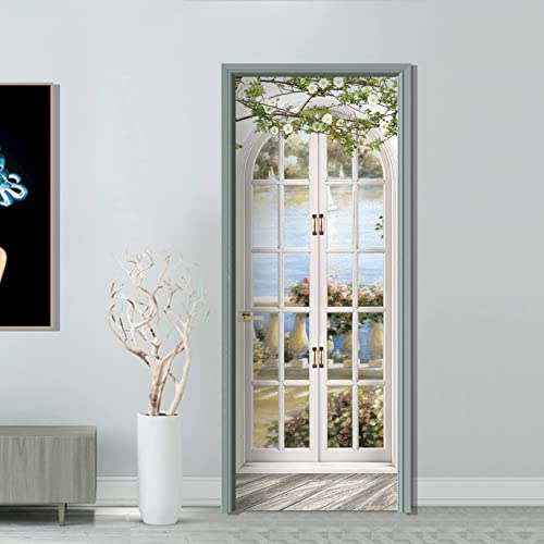 FLFK Paysage pastoral en arc de style européen Autocollant Porte Affiche 3D pour Cuisine Chambre Salle de Bain Auto-adhésif Amovible Murale Décoration 77X200cm