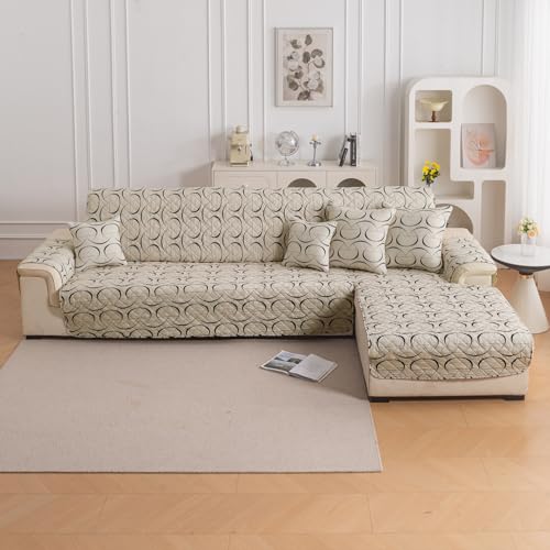 Image of HOKIPO 'Elira Series' Printed Quilted One-Piece L Shape 6 Seater (3+3) Sofa Cover Mat with Right Chaise | Anti-Slip Backing & SecureFit Belt, Natural Beige Abstract Art (AR-6230-C4)