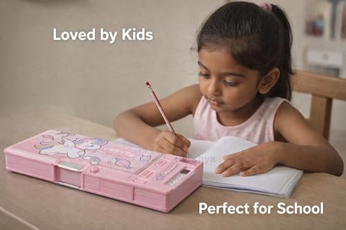 Image of KiddieWorld Pencil Box for Kids with Calculator & Sharpener | Multi-Compartment Plastic Pencil Case with Writing Pad | Cute Pink Pencil Box for Girls School Use