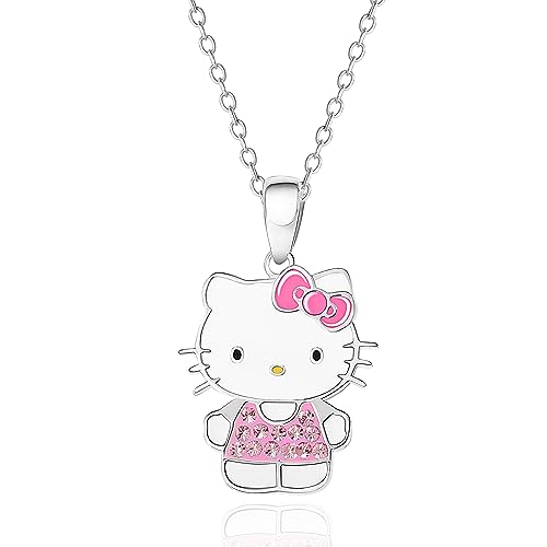 Hello Kitty Sanrio Womens Necklace Official License - Silver Plated Necklace with Enamel and Crystal Pendant