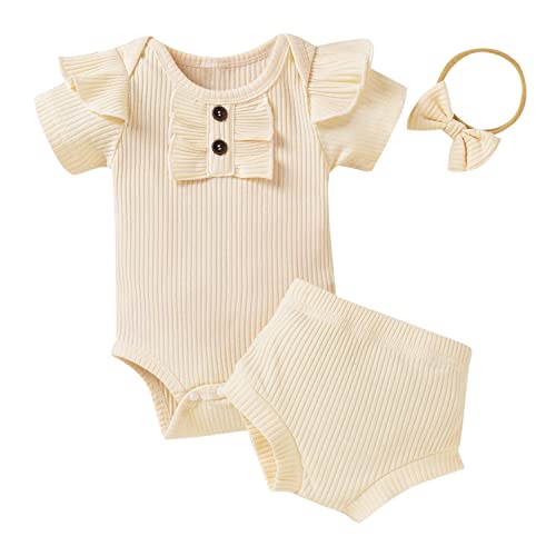 Minifeiko Preemie Newborn Baby Girl Clothes Set Ruffle Ribbed Knit Short Sleeves Romper Bodysuit With Shorts Infant Girls Summer Outfits(Apricot,0-3 Months) #TOP22