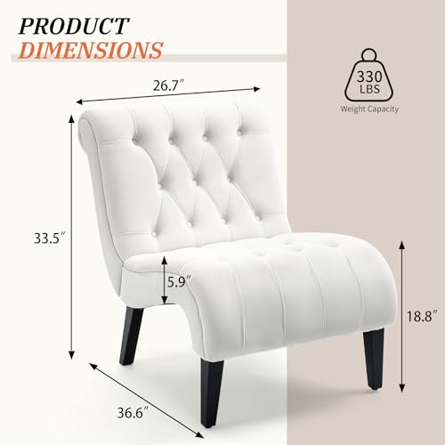 AVAWING Armless Accent Chair, Upholstered Button Tufted Living Room Chairs with Wood Legs, Comfy Frosted Velvet Lounge Chair Reading Chair for Bedroom, Cream White