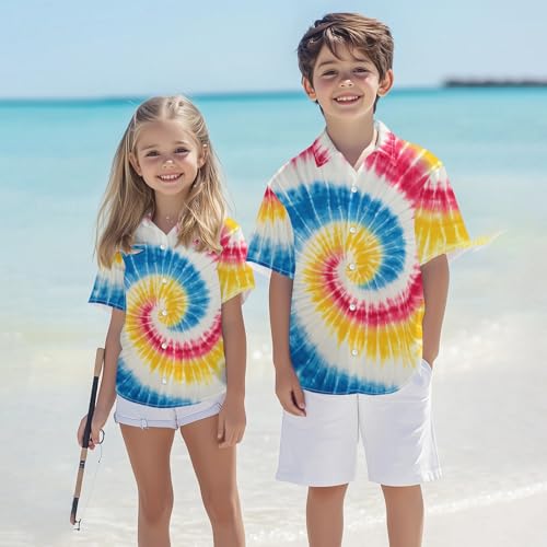 Image of Kids Tie-dye Hawaiian Shirt 80s Button Down Retro Short Sleeve Casual Beach Tropical Funny Party Outfits for Boys